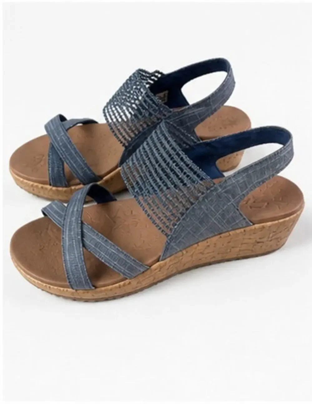 Skechers Luxe Foam Blue Strappy Wedge Sandals Womens Size 8 Cork Heel Comfort